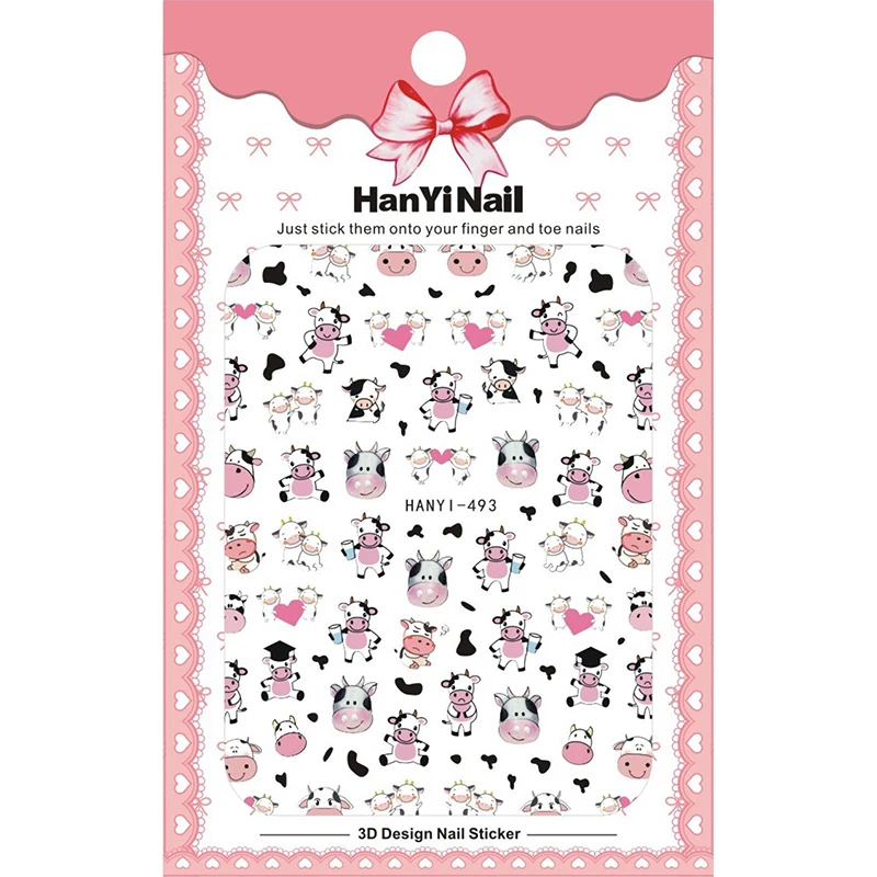 

HANYI493-502 2021 Newest Ultrathin Cartoon Cow Nail Art Sticker 3D Flower Nail Art Decoration Decals