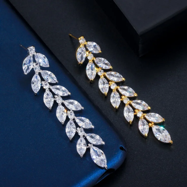 

2020 New 925 Sterling Silver Needle 18K White Gold Plated Bridal Earring Leaf Shape AAA Cubic Zircon Wedding Long Stud Earrings