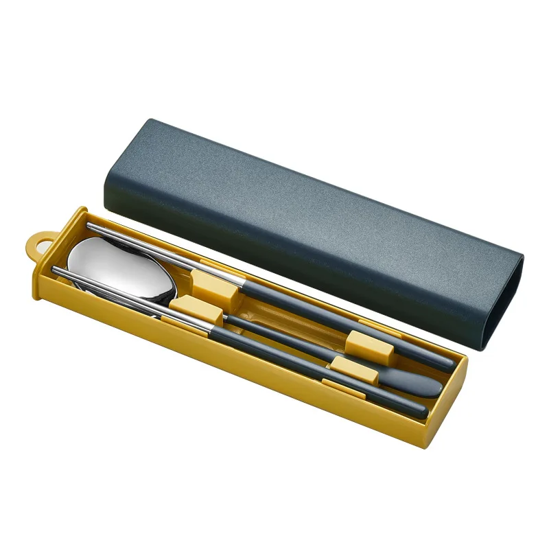 

304 stainless steel European and American spoon fork chopsticks 3pcs set portable tableware student travel pull-out cutlery set, As picture