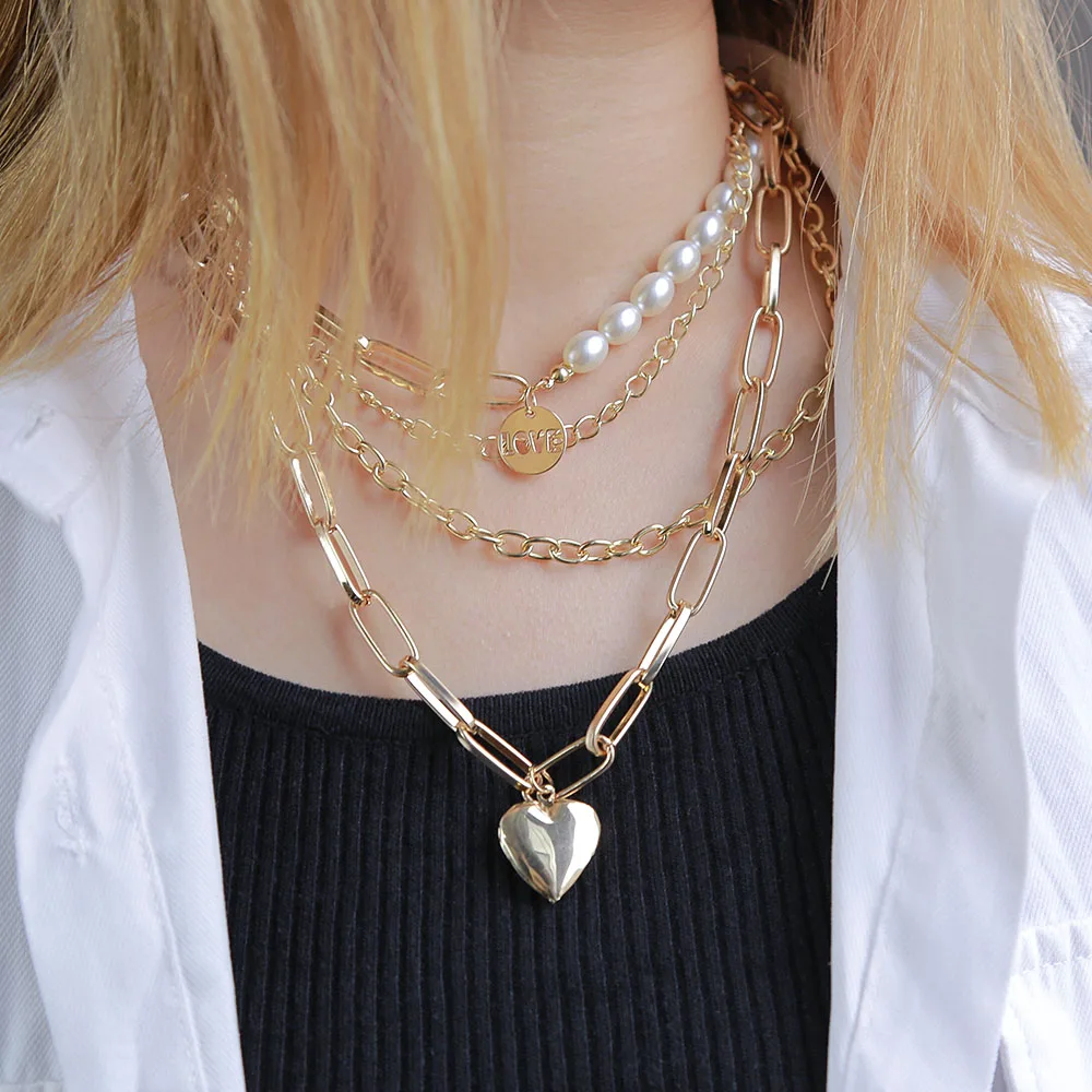 

Fashion multi layer pearl necklace women chain necklace heart shape charm necklace, Gold