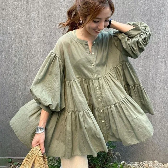 

Wholesale 2022 Spring and Summer Korean Casual Loose Solid Color Shirt Puff Sleeve Pleated Button Plus Size Sunscreen Shirt