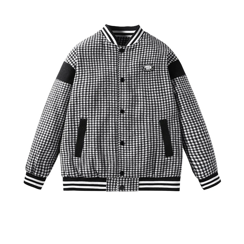 

Retro Light Business Plus Size Men's Black and White Houndstooth Plaid Baseball Uniform Coat Men's Jacket