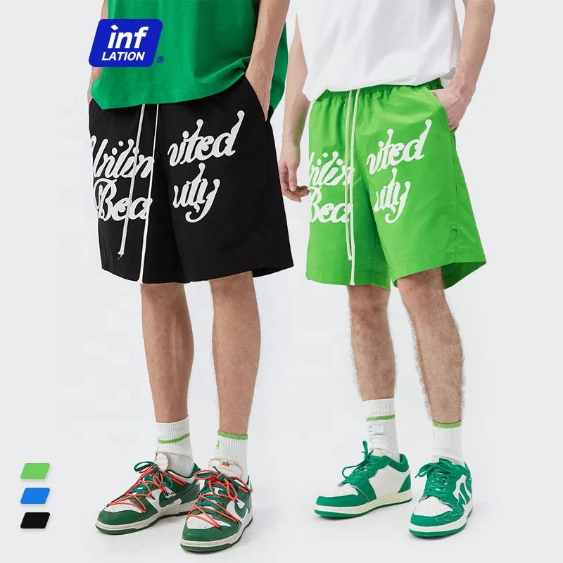 

Wholesale Letter Printing Mens T-shirt Woven Drawstring Waist Trench Causal Men Shorts, Green, blue, black