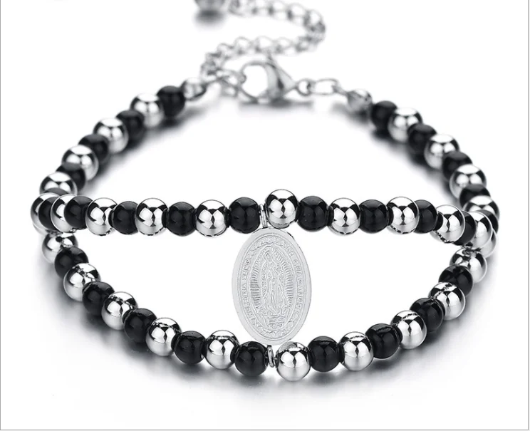 

Unisex Double Layer Stainless Steel Men Bracelet Black Silver Seed Beads Oval Virgin Mary Bracelet, Picture