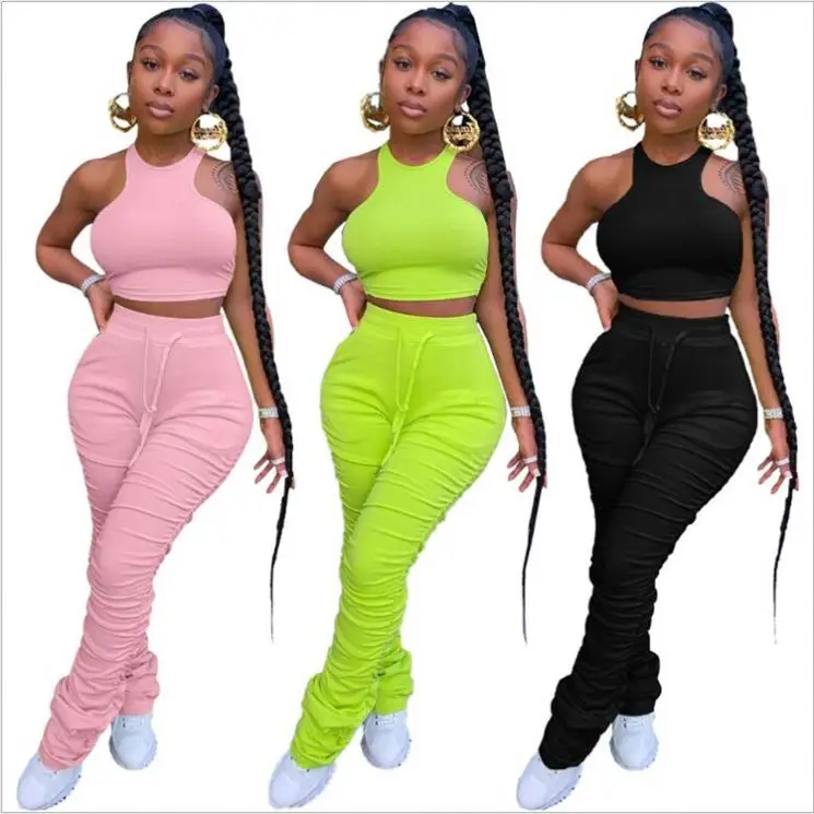 

M10349 summer 2 piece set women Solid color tight small vest pleated pants suit