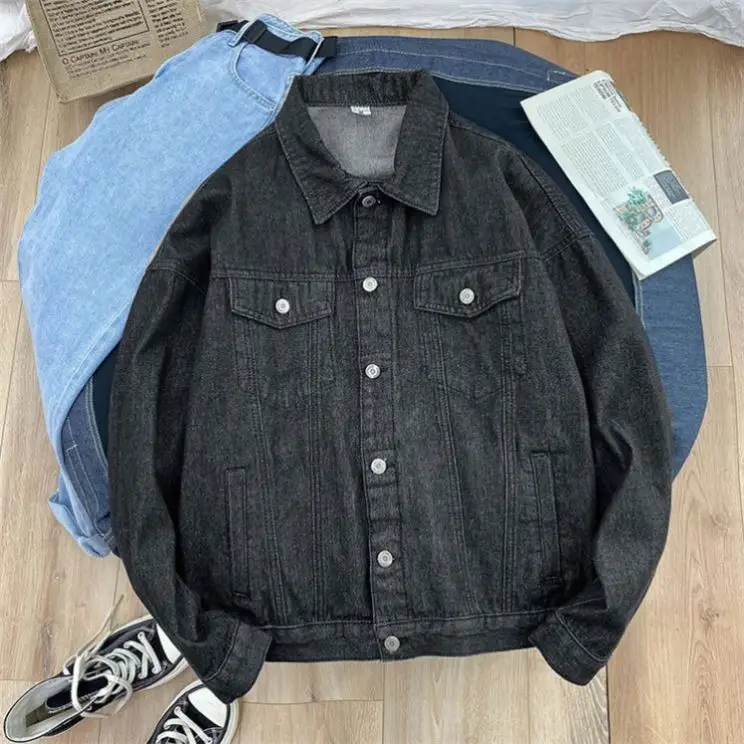 

New Arrival 2021 Solid Color Turn Down Collar Jeans Jacket For Men Fashion Casual Denim Jacket Men, Black,light blue,dark blue,gray