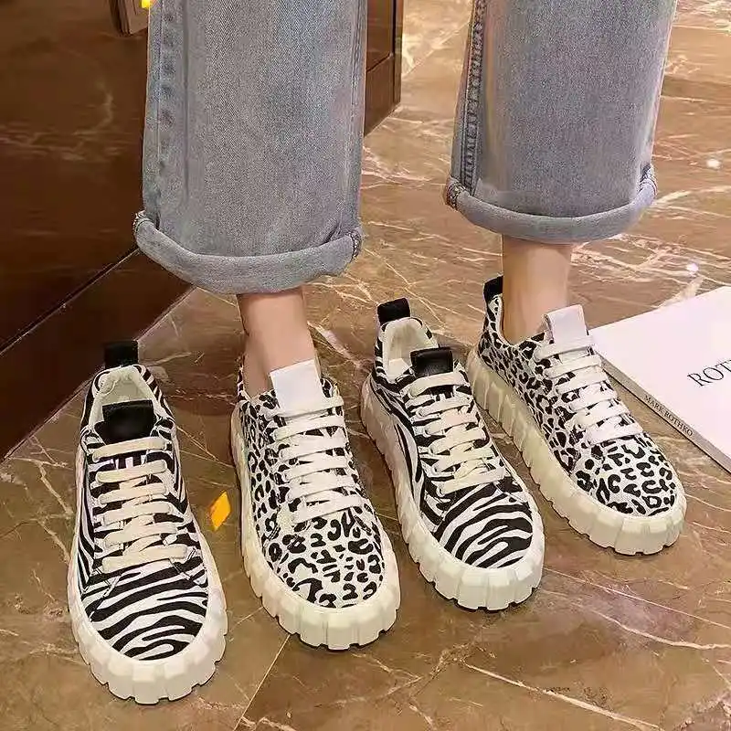 

Fasion design girl Leopard canvas shoes thick bottom women sneakers walking casual flat shoes footwear for Ladies, Leopard/zabra-stripe