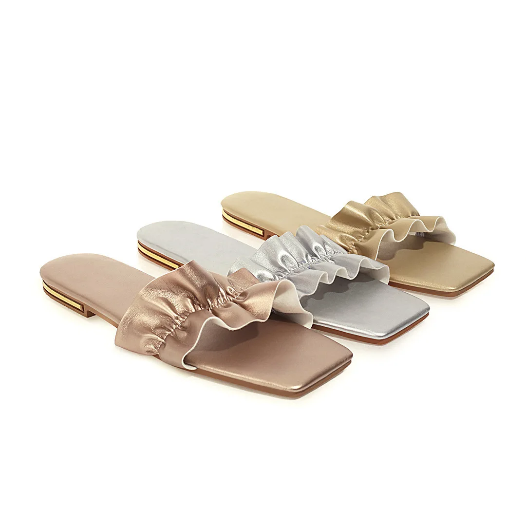 

Low-heeled Outdoor Flat Sandals Women with Square Toe Hollow Ruffled Edges Slides Slippers, Customized color