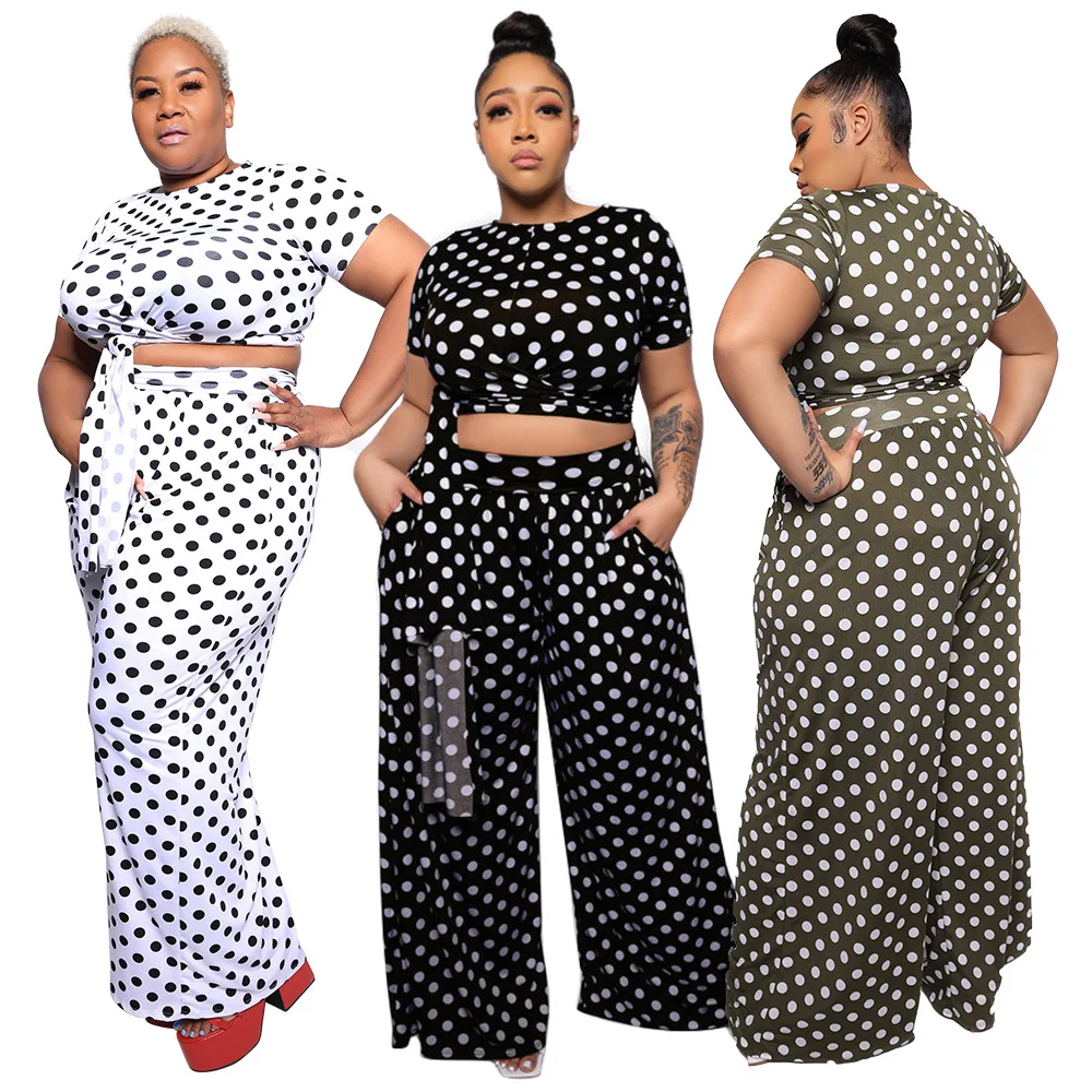 

New Fashion Polka Dot Print Women's Sets Summer Casual O-Neck Short Sleeve Top Wide Leg Pants Plus Size Two Piece Pants Set, White,black,gray