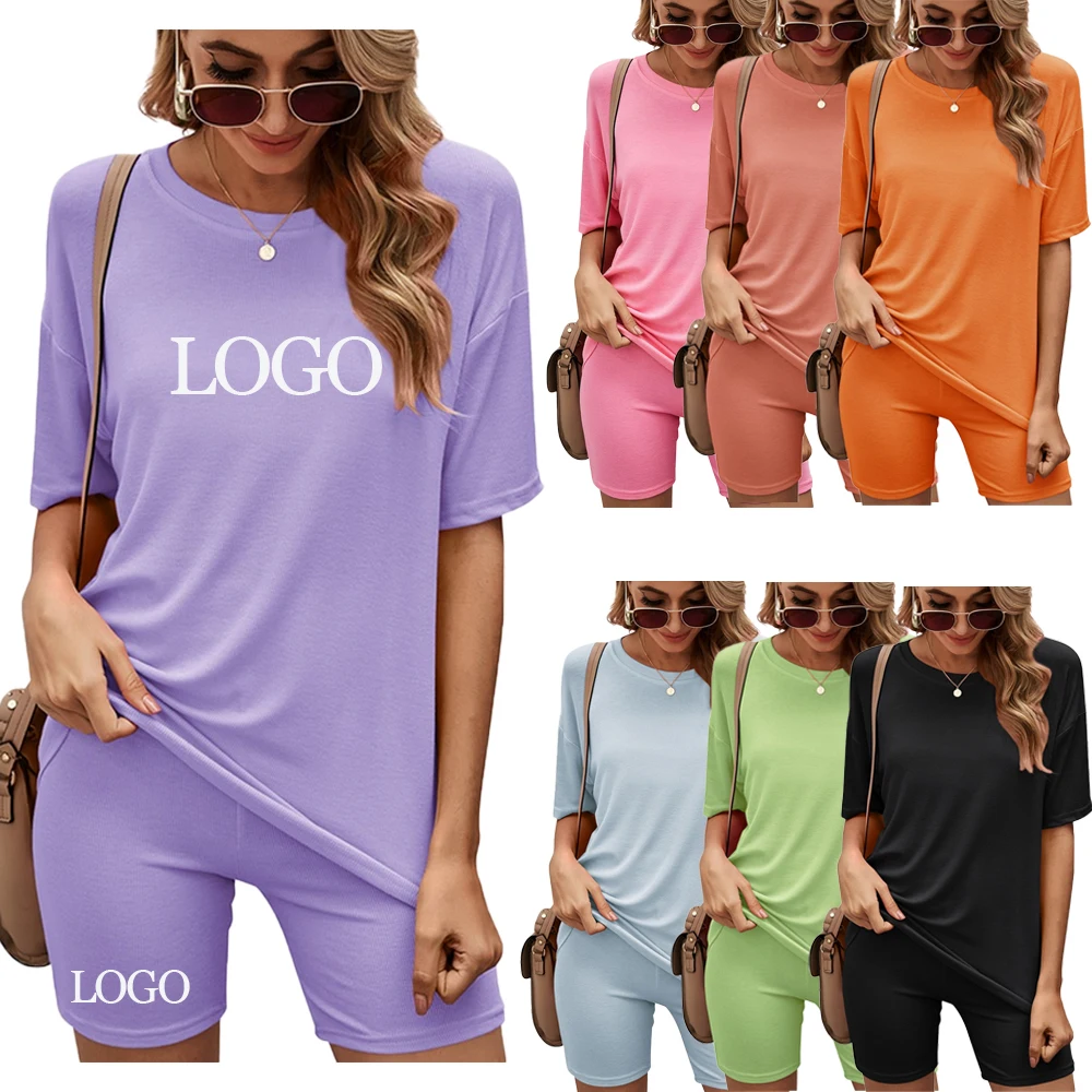 

2021 trending famous cotton women designer logo clothes summer clothing 2pc two piece short pants set for women, Black,pink,lavender,orange,light blue,gray,green,peach