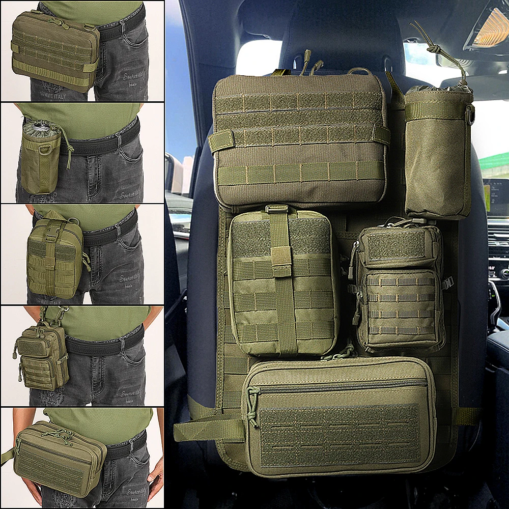 Upgrade Vehicle Panel Organizer with 5 Detachable Molle Pouch Self-driving Tactical Car Seat Back Hanging Storage Organizers