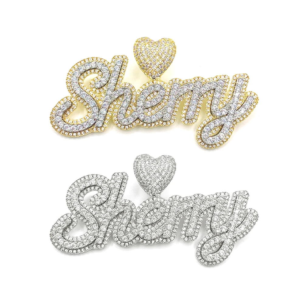 

Personalized Iced Out CZ Diamond Jewelry Customized Two Tone Bling Letter Name Heart Charm Necklace Custom Brass 18K Gold Zircon
