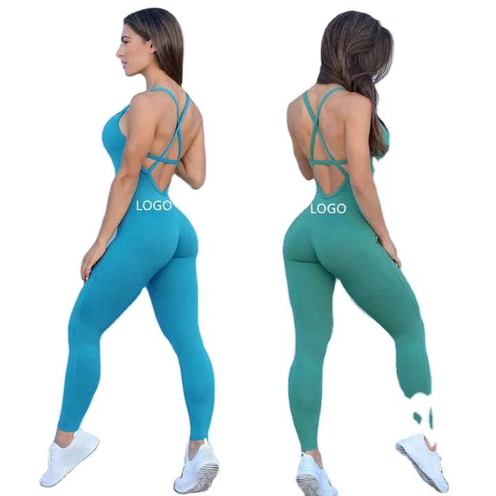 Solid Color Strappy One Piece Back Jumpsuit Drop Shipping Yoga Bodysuit Compression Push up Women's Gym Workout Yoga Jumpsuit