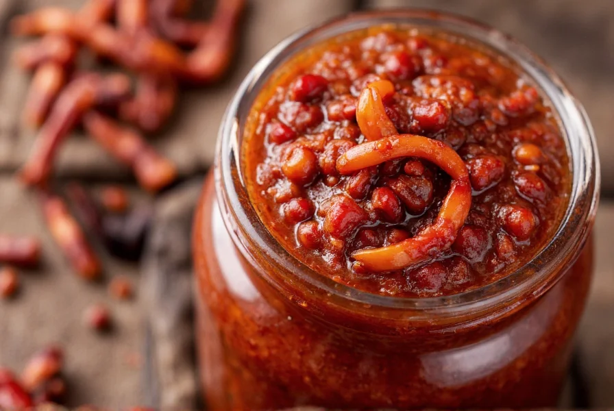 Close-up of traditional Sichuan chili bean sauce in glass jar showing textured red-brown paste with visible fermented beans