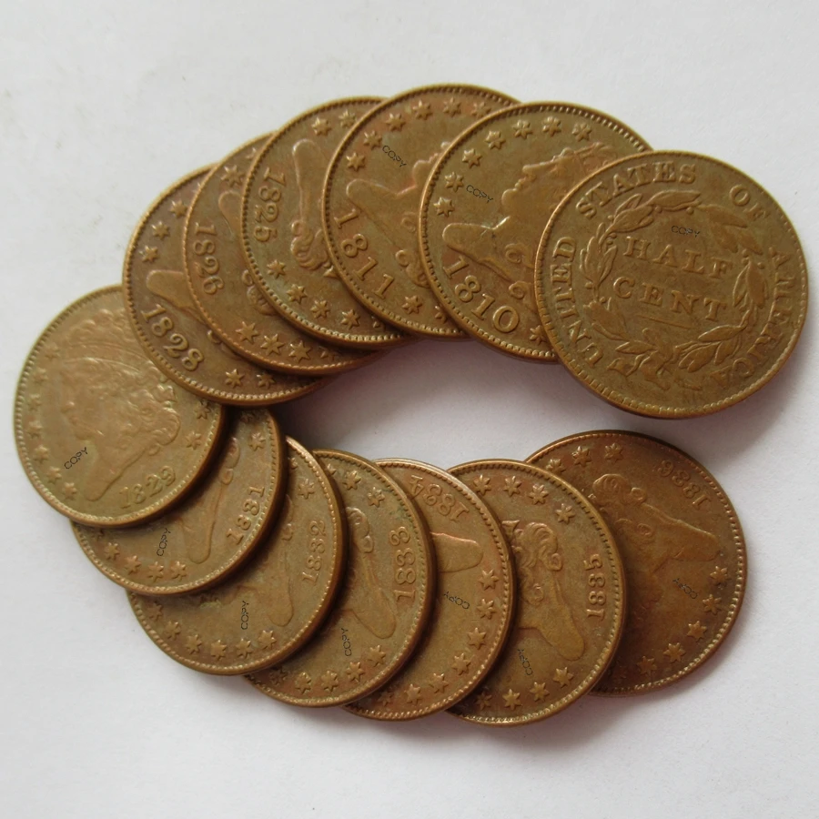 

US Classic Head Half Cent Whole Set of(1809-1836) 13 pcs Copper Reproduction Decorative Commemorative Coins