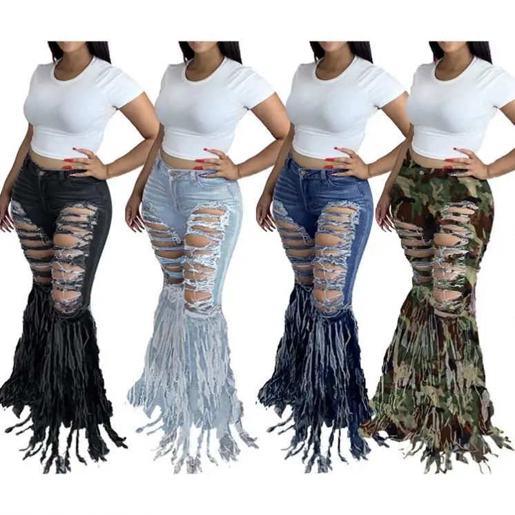 

Best Quality Autumn Clothing High Waisted Denim Ripped Jeans Women With Tassel