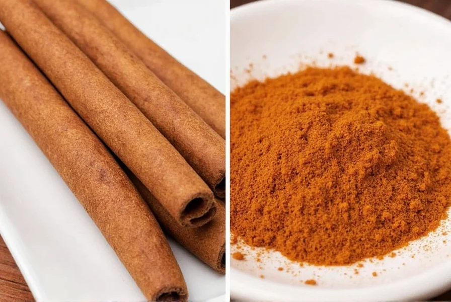 Cinnamon and Cassia spices on a wooden table