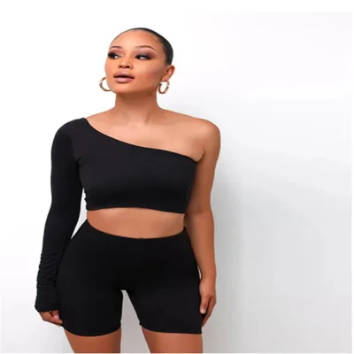 

Women's strapless sets long sleeve shorts set 2 piece oufit collarless custom asymmetrical off-shoulder long-sleeved shorts, Picture