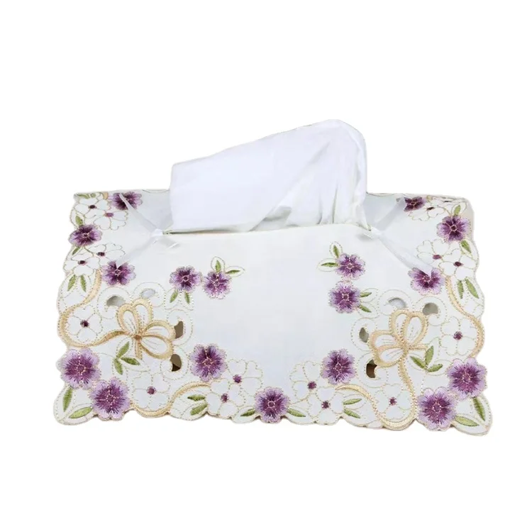 

Wholesale Elegant Design Luxury Embroidered Fabric Embroidery hand cutwork tissue box cover, Customized