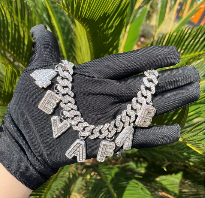 

Icy Personalised Name Men Hip Hop Large Custom Cuban Link Chain Iced Out Bling Diamond Baguette Letter Initial Necklace