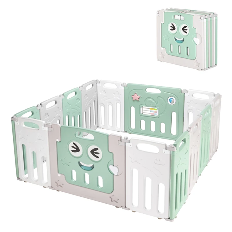 

Free Shipping French US UK AliGan Fordable Baby 14 Panel Playpen Activity Safety Play Yard HDPE Indoor Activity Playards Fence, Green and gray and white