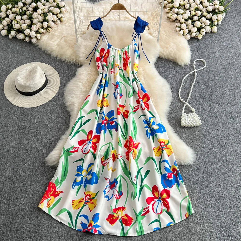 

2022 Seaside Tourism Holiday Gentle Romantic Temperament Printed Suspender Dress Long Skirt