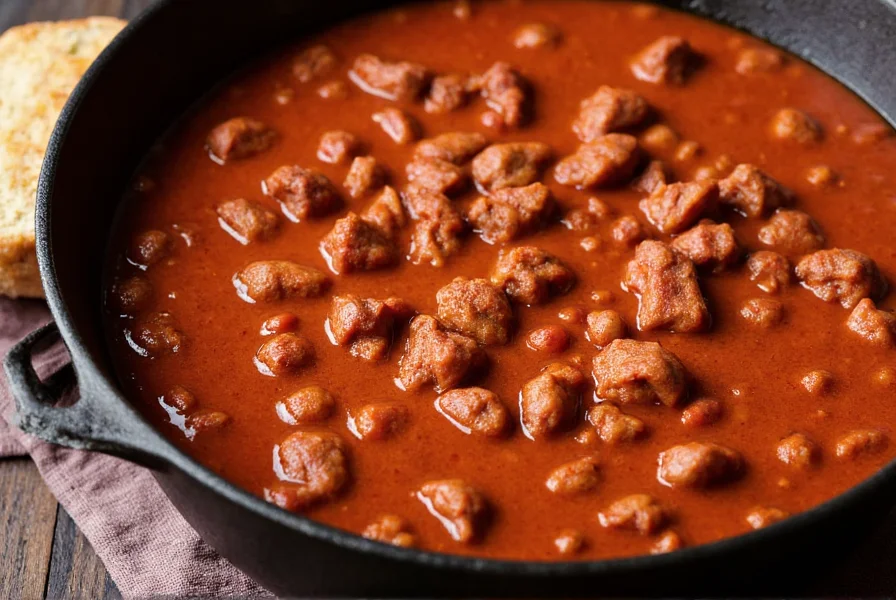 Authentic Texas chili in cast iron pot showing rich red color and meat chunks