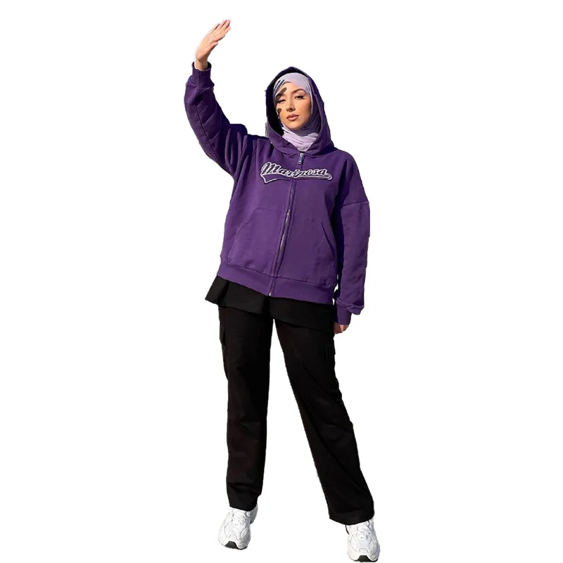 

New Arrivals Women Applique embroidered hoodie cardigan coat Casual Loose Korean Jacket Streetwear