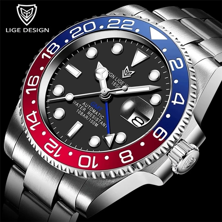 

2021 LIGE Men Watches factory Ceramic GMT Automatic Mechanical Watch Men 100m Waterproof Classic Fashion Luxury Clock