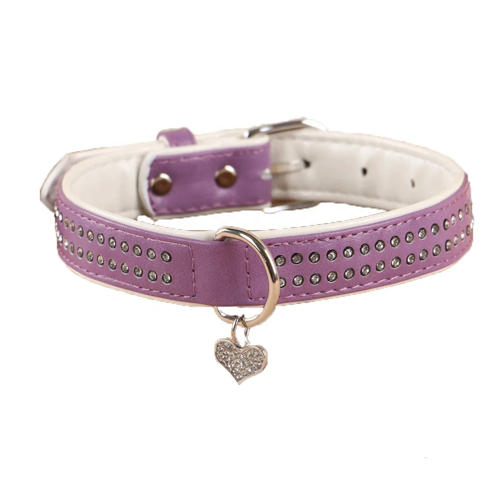 

Pet Factory Wholesales High-end Lovely Bling Peach Heart Rhinestone Crystal Studded Soft Leather Dog Collar, Black, blue, purple, pink