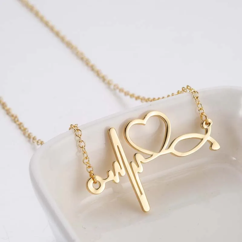 Fashion Gold Silver Stainless Steel Medical Jewelry Stethoscope Heart Ecg Doctor Nurse Medical Necklace, Gold,rose gold,silver