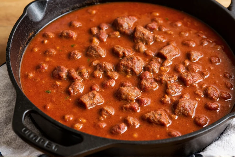 Authentic Colorado chili in cast iron pot with cubed beef and rich red sauce