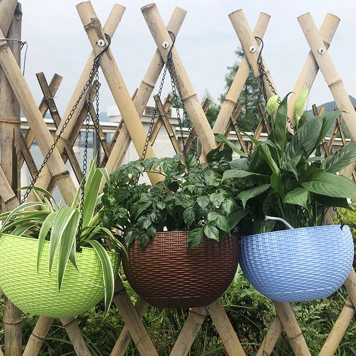 

Hanging Planter Baskets Wholesale Cheap garden Indoor Outdoor Office Home Balcony Wall Round Plastic Flower Pot With Iron Chain, 12 kinds of color