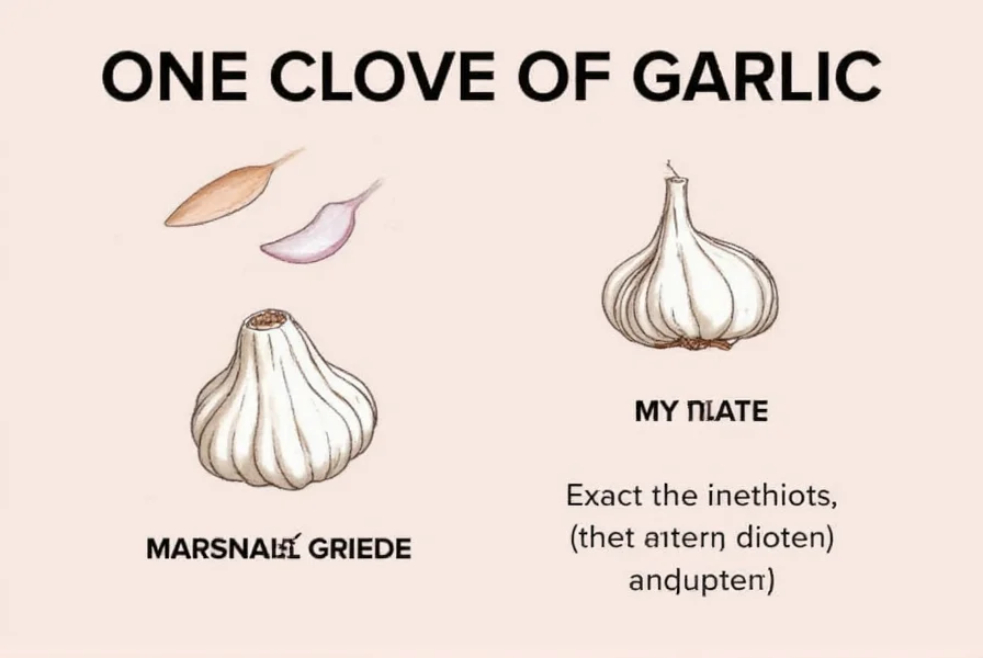 Close-up of fresh garlic cloves next to measuring spoons showing equivalent measurements
