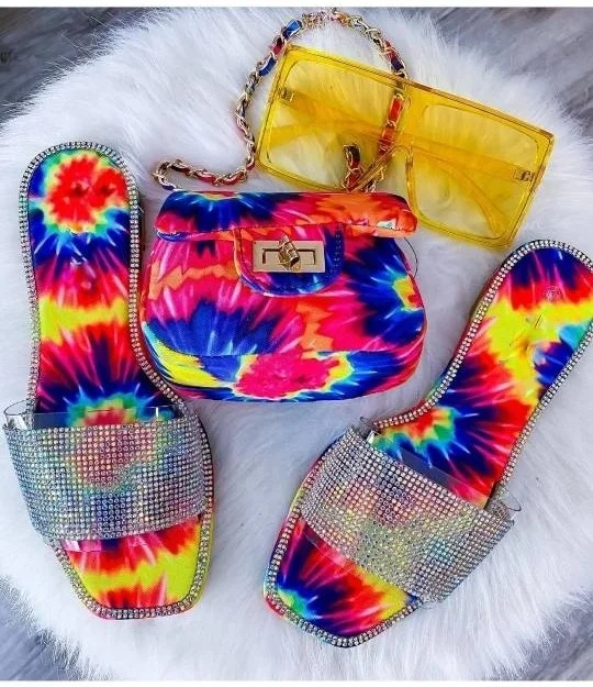 

2021 Summer New Rainbow Sun Sandals Matching Bags Set Ladies Flat Platform Slippers Diamond Sandals, 3 colors