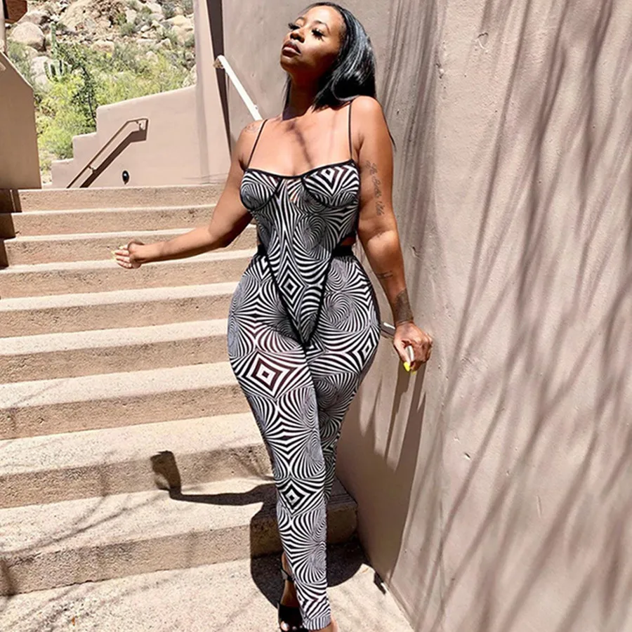 

2021 New Design Spring Fashion Mesh Zebra Print Low Neck Sling Bodysuit High Waist Elastic Fitnesss Women Two Piece Set Legging