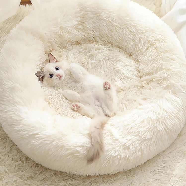 

Amazon Hot FBA Multiple Sizes Colors Long Plush Fluffy Comfy Calming Soothing Self Warming Donut Pet Bed for Cats Dogs, Customized color