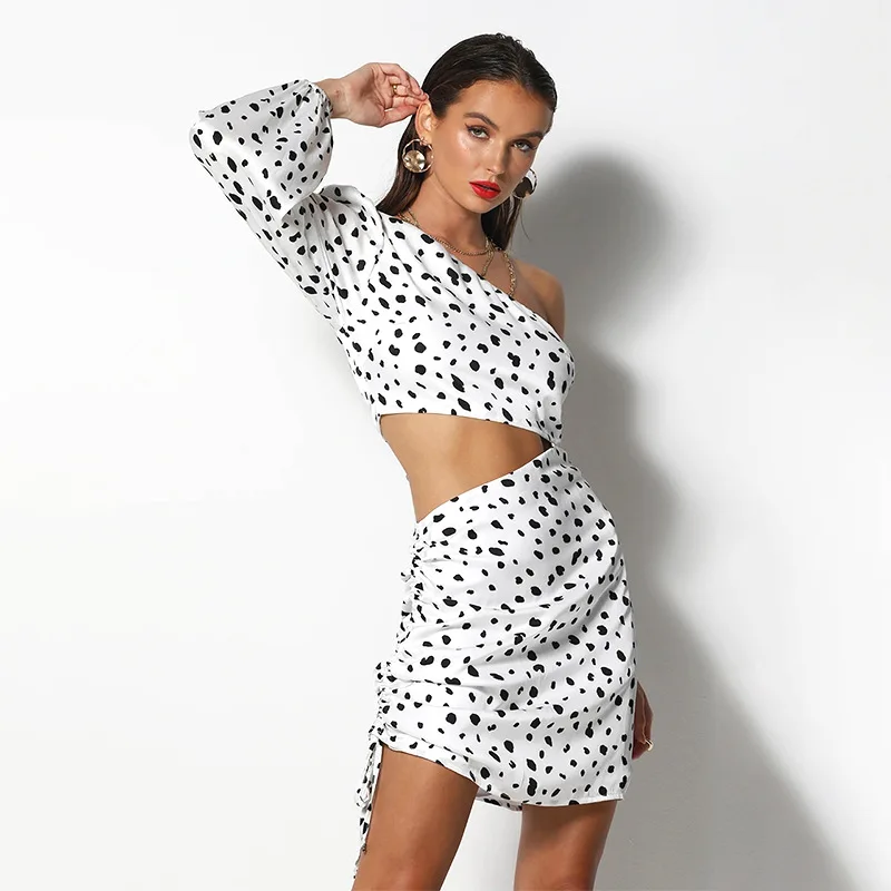 

Designer Style Summer Dot Print One-shoulder Crop Top Drawstring Pleated Polka Dot Skirt Women Two Peices Sets, White