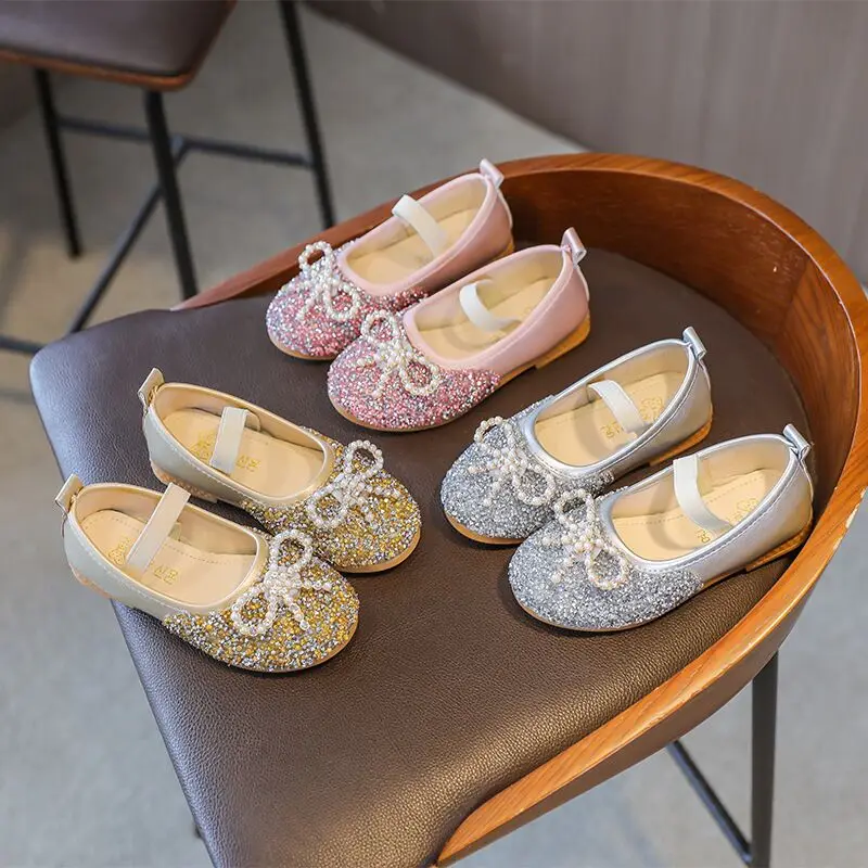 

2021new girls single shoes pearl rhinestone bows small children's dance performance shoes little girls fashion dress shoes, Pink,gold,sliver