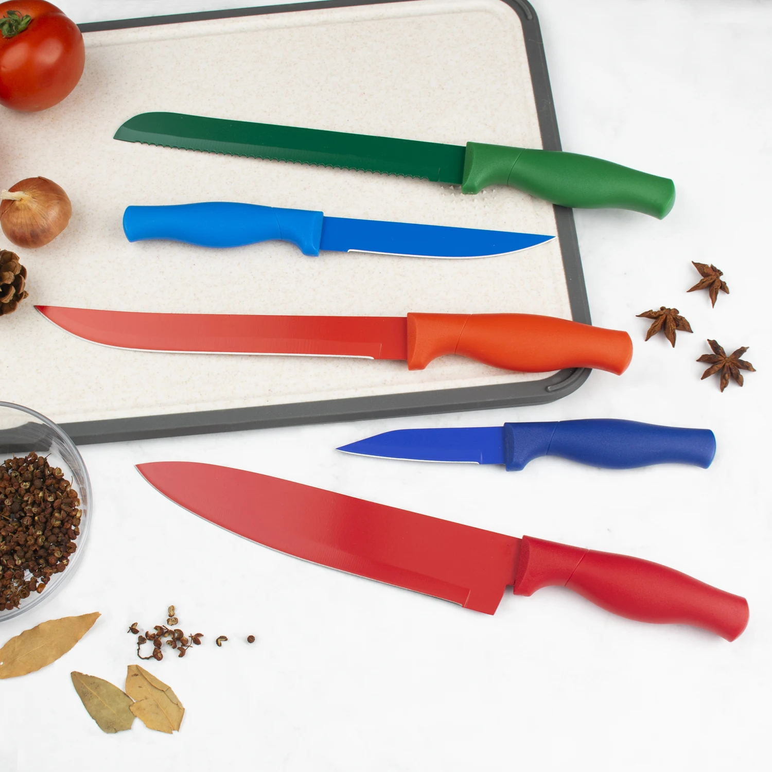 

Wholesale 5 pcs stainless steel colorful non-stick sharp cooking coating Kitchen Knife Set with PP handle