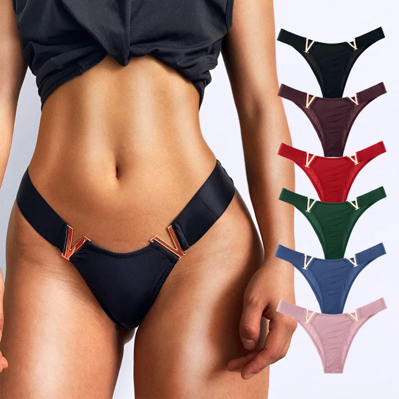 

Stock Available Fashion Ladies Bikini Thongs V-shaped Metal Accessories Sexy Panties Low Waist Underwear For Women, 7 colors