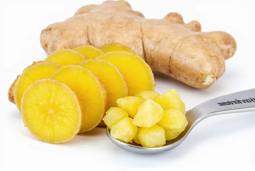 Fresh ginger root sliced with measuring spoon showing proper dosage for headache relief