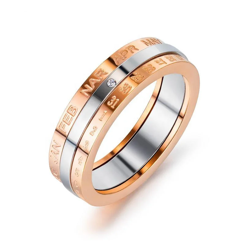 

Turnable Time Calendar Numbers And Letters Jewelry Rose Gold With White Color 316L Stainless Steel Calendar Ring