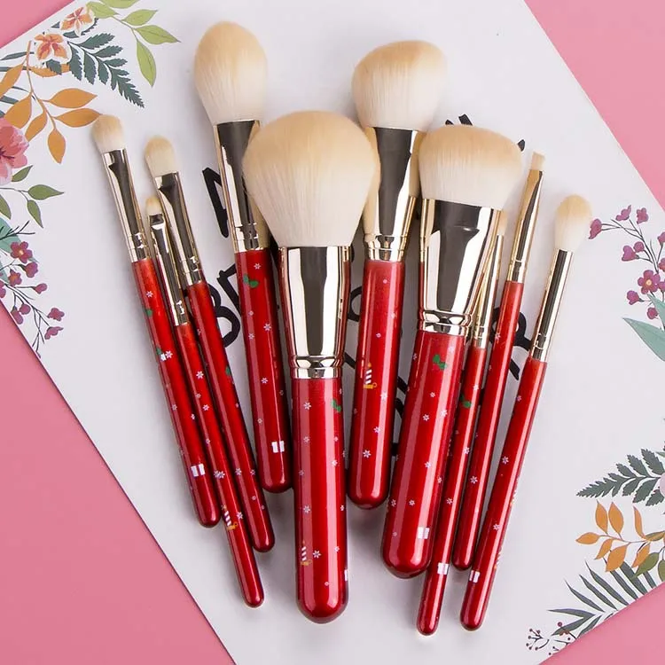 

HZM 10pcs kaci jay Red wood handle white high quality Synthetic Hair Cosmetic brush Kit Christmas series makeup brushes set