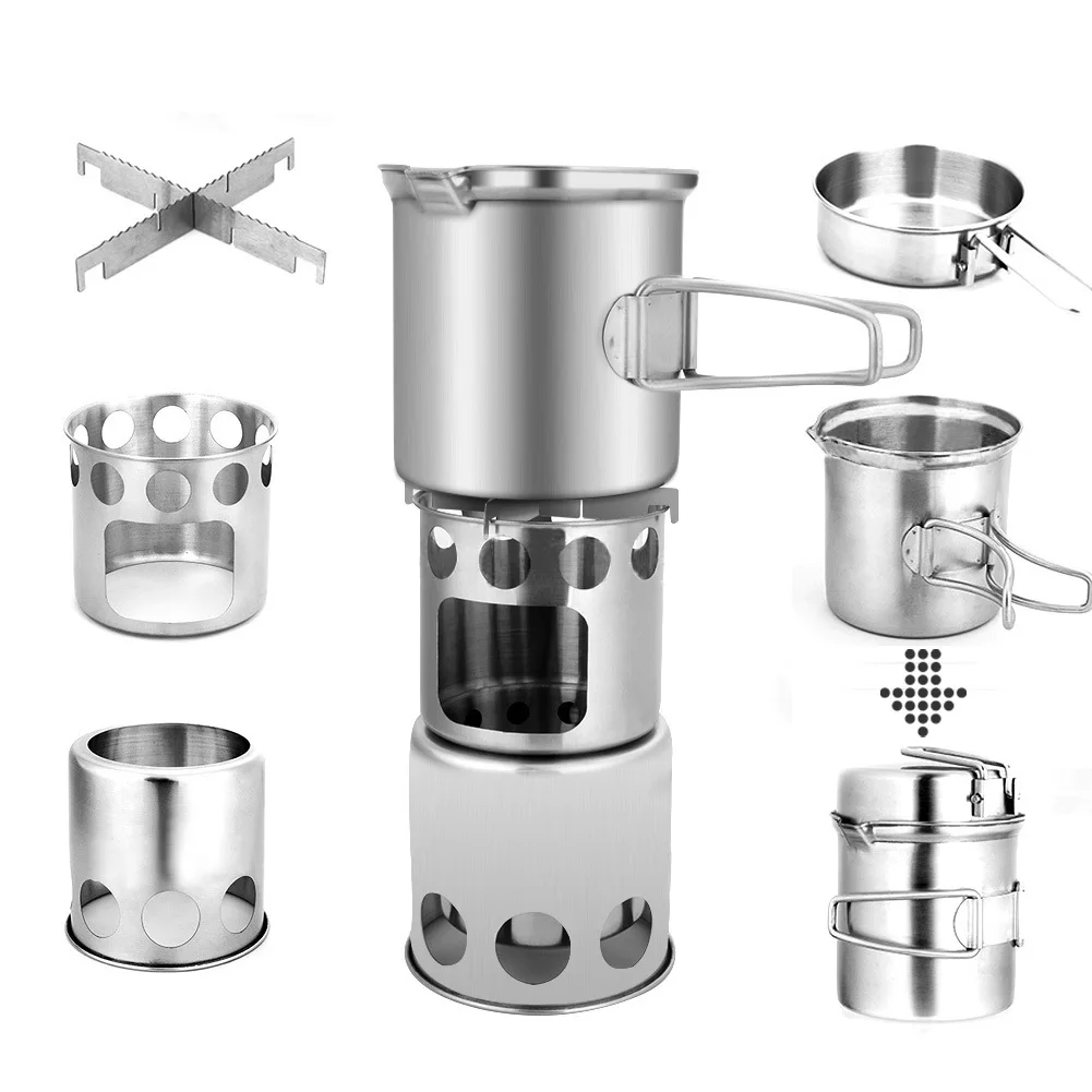 

AJOTEQPT 304 Stainless Steel Camping Set Pot Camping Cookware Pot With Wood Stove