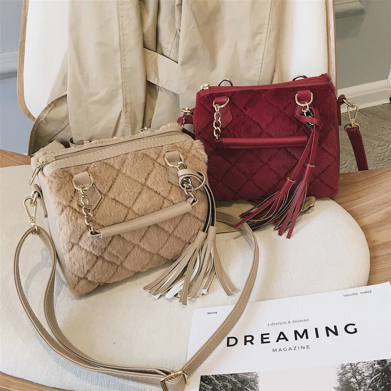 

Women Ladies Fur Handle Shoulder Bag Faux Fur Handbags Purse and Headbands Luxury Handbags for Women