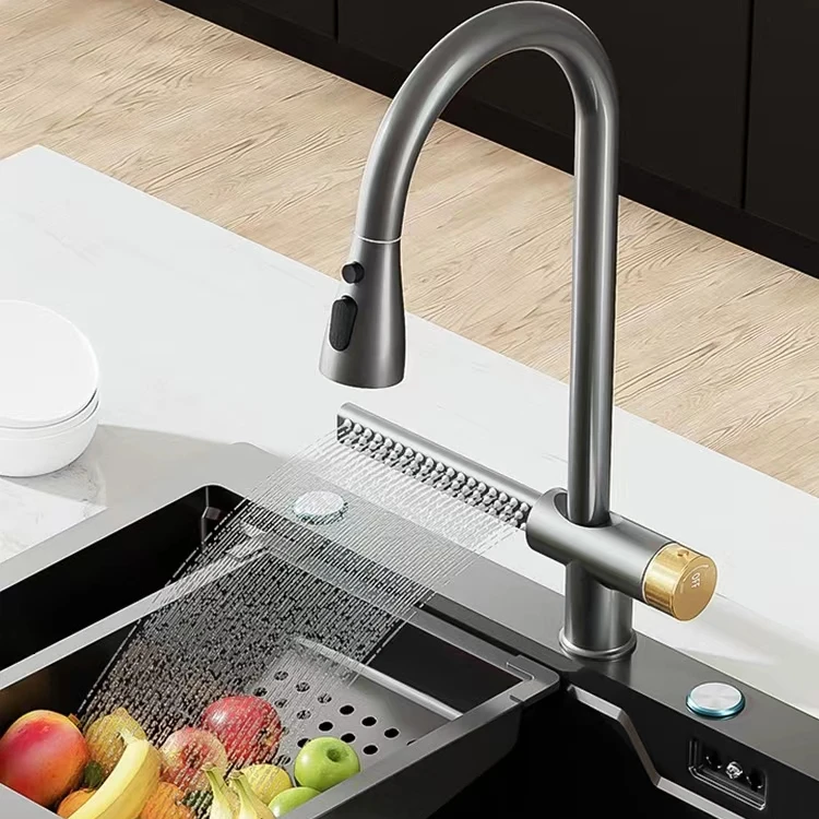 

Tiktok New Design SUS 304 Stainless Steel Rotatable Brushed Silver Waterfall Kitchen Sink Faucet