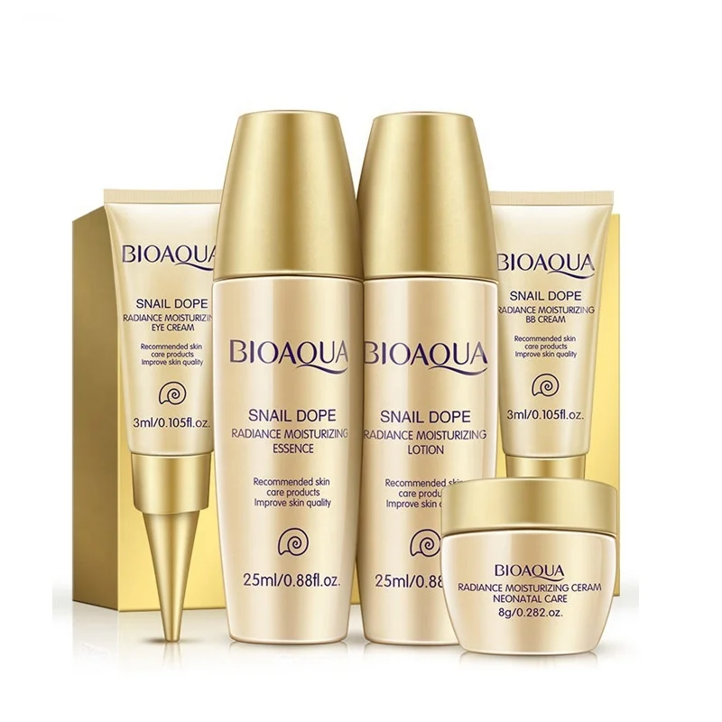 

5Pcs Bioaqua Snail Makeup Skin care Kits Moisturizing Hydrating Nourishing Oil Control Anti acne Serum Lotion Eye Cream Set, Yellow