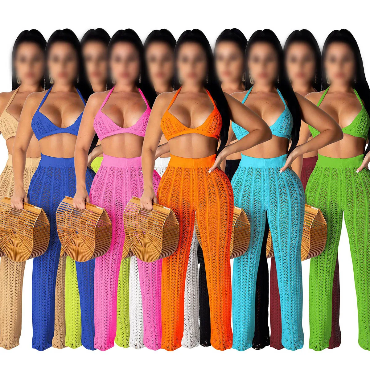 

2022 New Womens Two Piece Pants Halter Cut Out Crochet Beach Cover Up High Waist Swimsuits With Trunks To Match, Customized color