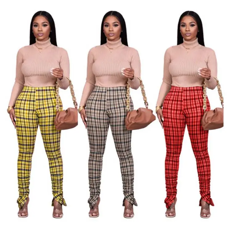 

Newest Design 2020 Wholesale Winter Hot Selling Tight Elastic Grid Ladies Women Bottoms Pants Womens Trousers